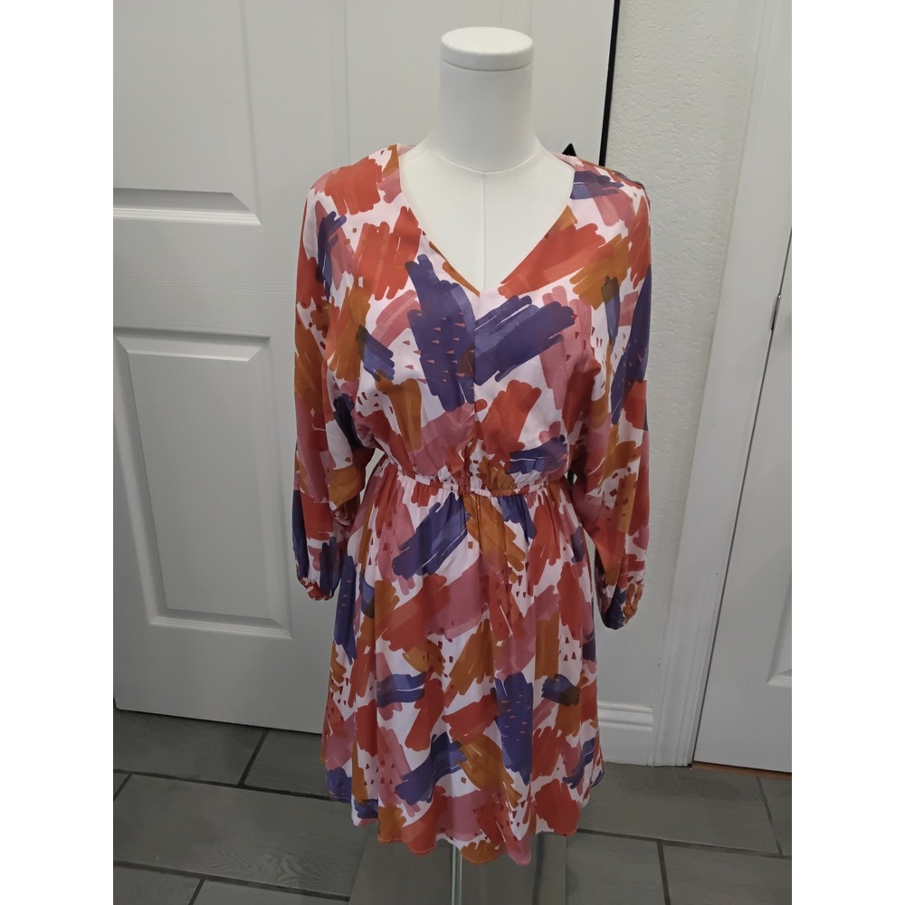 Emily Wonder Abstract Brushstroke V-Neck Long Sleeve Mini Dress Orange Purple‎ S